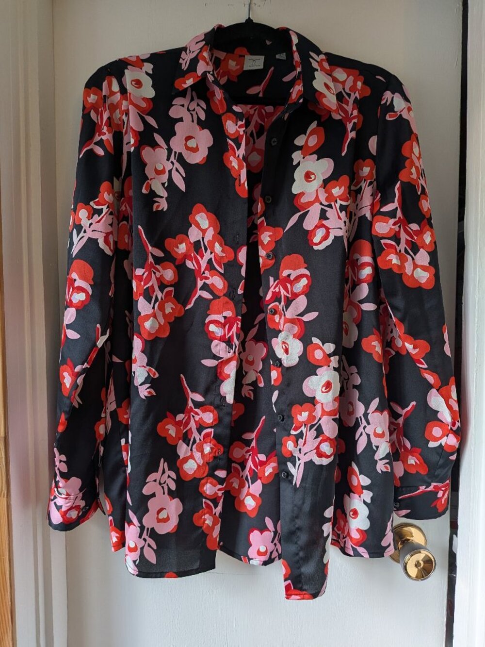 Tristan Black Satin Floral Button-Up Blouse, Size L
